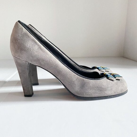 Celine Grey Suede Web Stripe Detail Round Toe High Heels 38  Italy - Picture 3 of 13